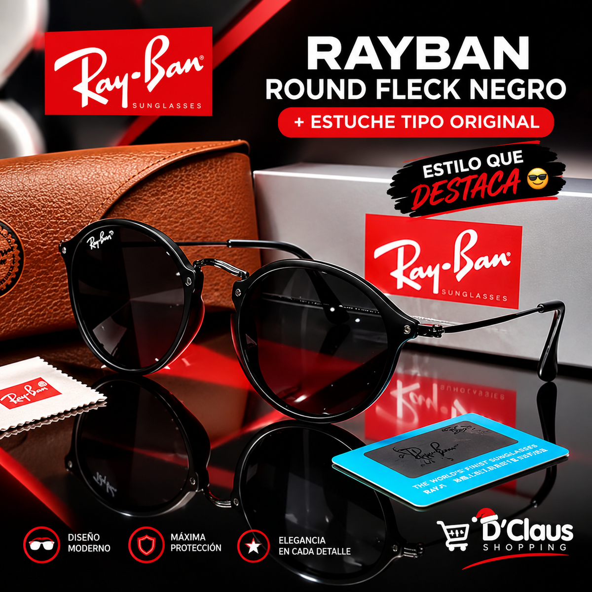 RAYBAN ROUND FLECK NEGRO+ESTUCHE TIPO ORIGINAL